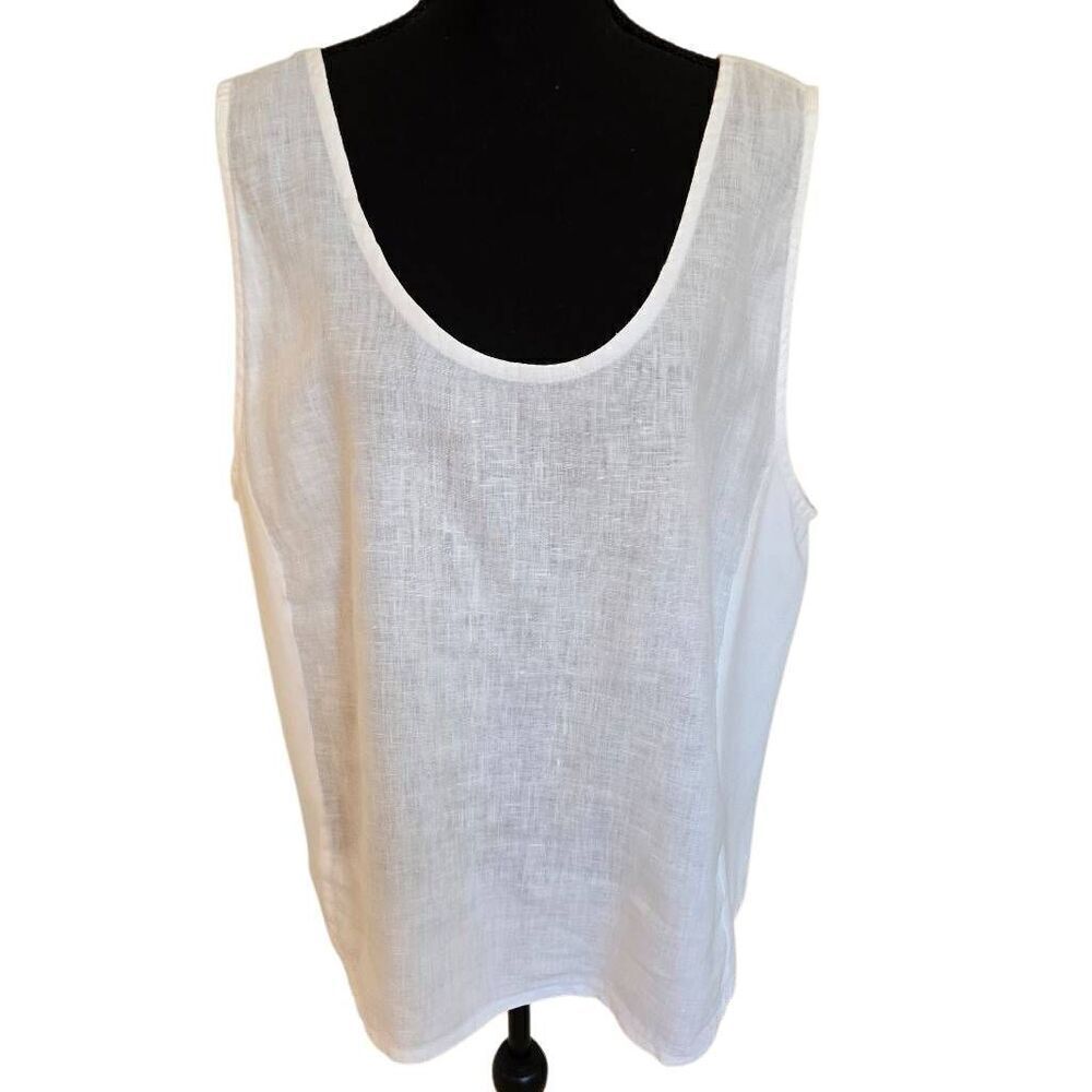 FLAX Womens Linen Side Slit Sleeveless Blouse Tunic Top White Large